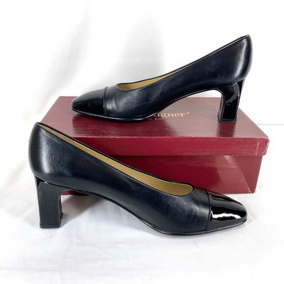 Etienne Aigner Strada Pumps Black Leather Patent Cap Toe Slip On Heels 7.5 - Picture 2 of 7